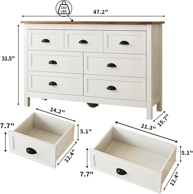 White Dresser for Bedroom, Farmhouse 7 Drawers Dresser, Wide Chest of Drawers with Metal Handles, Modern Wood Double Chest Storage Cabinet for Living Room, Bedroom, Hallway