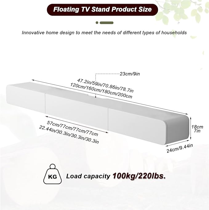 FPIGSHS Wall Mounted Media Console with 2 Drawers，47.2in Solid Wood Floating TV Stand，Hanging TV Shelf Entertainment Center TV Cabinet, for Home Office (Color : B, Size : 120cm)…