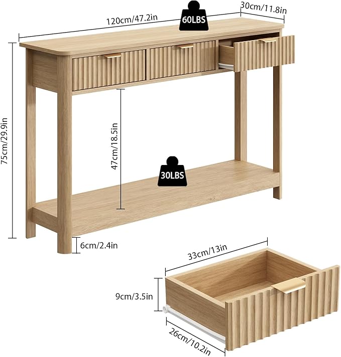 RUSTOWN Fluted Wood Console Table with 3 Drawers, Boho Narrow Behind Couch Entryway Table with Open Storage Shelf, Modern Sofa Table for Living Room, Foyer and Hallway (Natural Wood)