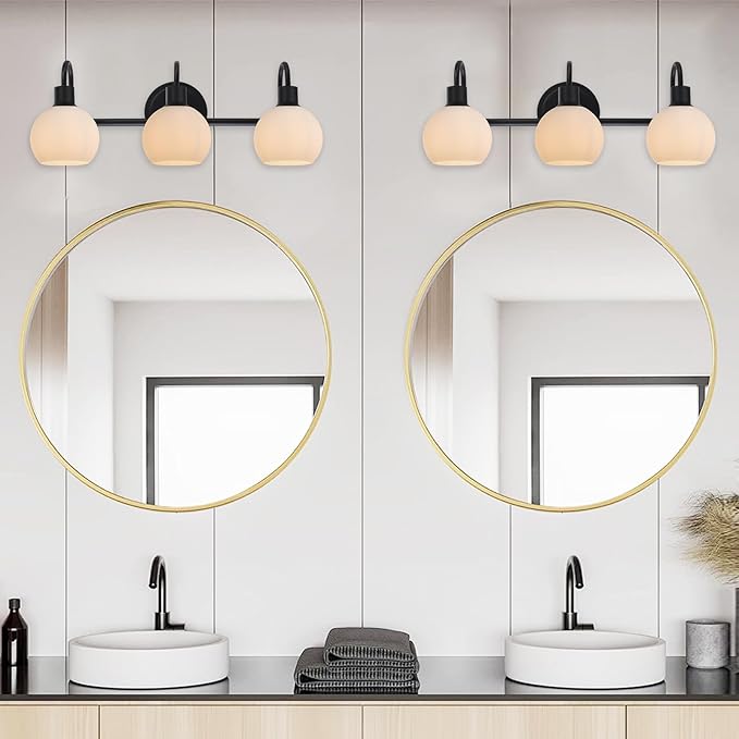 3-Light Bathroom Vanity Light Fixtures, Black Wall Sconce with Milk White Globe Glass Shade, Vanity Lighting E26 Socket for Mirror Kitchen Living Room Hallway