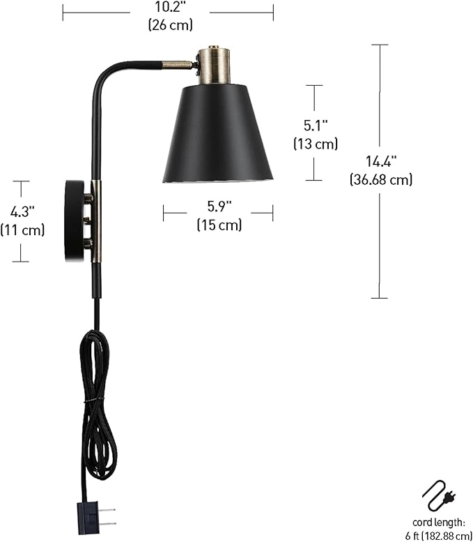 GLOBE Electric 51374 Cleo 1-Light Plug-in or Hardwire Wall Sconce, Matte, Antique Brass Accents, Black Cloth Cord, 14.44