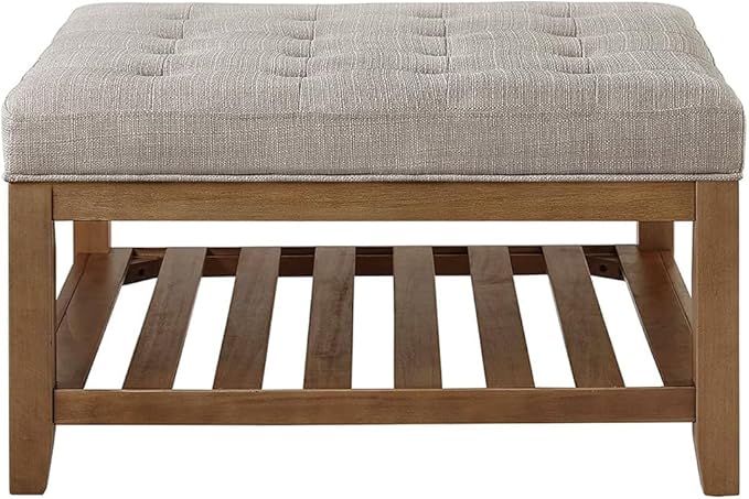 24KF Large Square Upholstered Tufted Linen Ottoman Coffee Table, Large Footrest Ottoman with Solid Wood Shelf-Linen