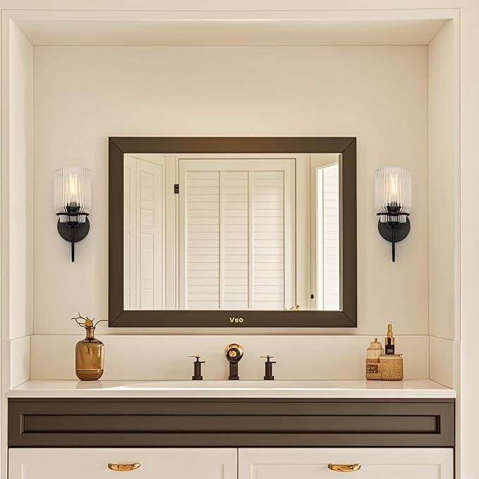 Modern Farmhouse Wall Sconces Set of 2, Black Bathroom Sconces with Clear Glass Shade, Vanity Lights for Bedroom Living Room Bathroom Hallway Stairwell