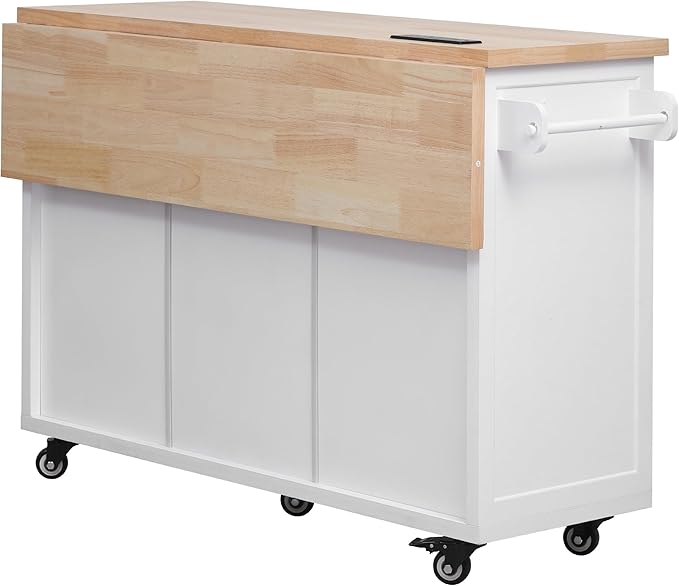 56.5" Kitchen Island with Drop Leaf, Power Outlet, Embossed Vertical Stripe Rolling Kitchen Cart on Wheels with 4 Doors, 5 Deep Drawers and Adjustable Shelves for Dining Room, White