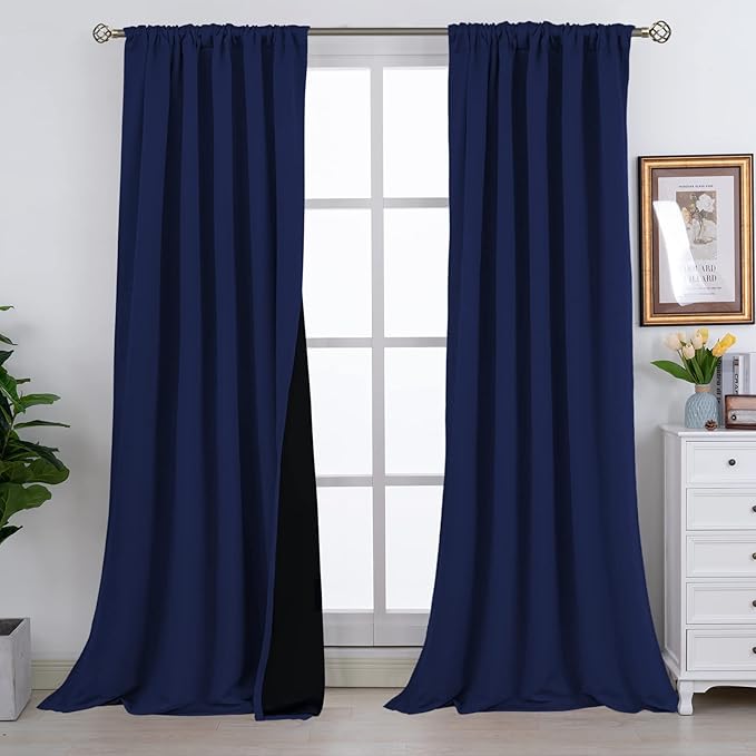 BGment Full Blackout Curtains with Thermal Insulation Liner Curtains 108 Inches Long, Rod Pocket and Back Tab Double Layer Room Darkening Curtains for Bedroom(52 x 108 Inch, 2 Panels, Navy Blue)