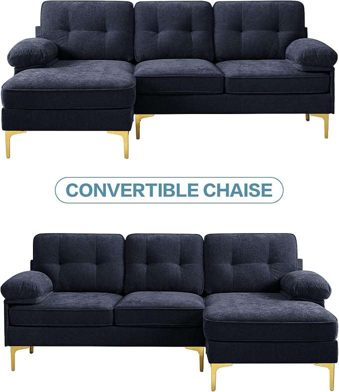 EASELAND 82" L-Shape Sofa with Reversible Chaise Lounge, Convertible Sectional Sofa Couch, Chenille Modern Sofa Couch for Living Room, Apartment and Office, Removable Cover (Dark Blue)