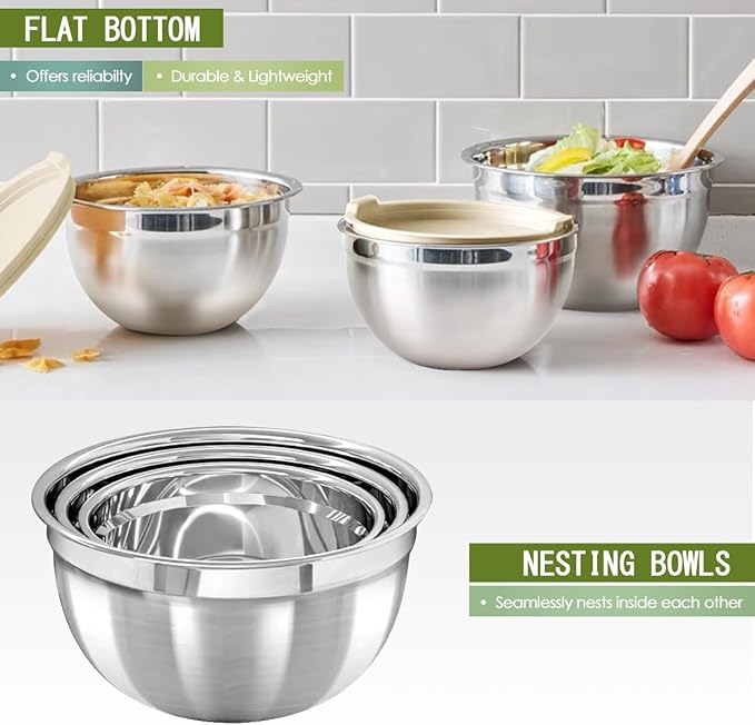 Mixing Bowls With Lids Set,Stainless Steel Mixing Bowls Set With 3 Grater,Metal Nesting Bowls For Kitchen Baking Refrigerator Meal Prep Food Storage Organizer,7 Size(Khaki)