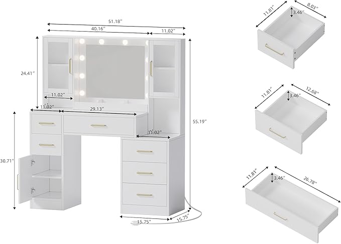 51" Vanity Desk with Mirror and Lights & Charging Station, Bedroom Dressing Table, Large Vanity Set, 6 Drawers and 2 Cabinets, Makeup Vanity Table with Charging Station, Without Stool