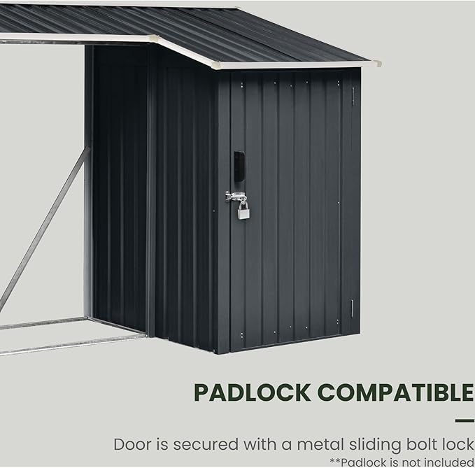 Hanover Outdoor 2 in 1 Multipurpose Sloped Roof Shed with 9 Square Feet Lockable Single Door Tool Storage and 42 Cubic Feet Raised Firewood Rack Made of Weather Resistant Galvanized Steel in Dark Gray