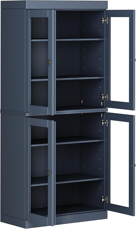 Palace Imports Solid Wood Bookcase - 6-Tier Bookshelf, 71.5” H x 32” W - Antique Blue, Clear Glass Cabinet Doors & Adjustable Shelves, Tall Bookcase, 100% Renewable Eco-Friendly Wood, Made in Brazil