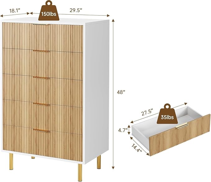 GarveeHome Natural 5 Drawer Dresser for Bedroom, 48” Tall Dresser Chest of Drawers, Modern Wood Storage Organizer with Gold Metal Handles & Anti-Tipping Device for Hallway, Entryway