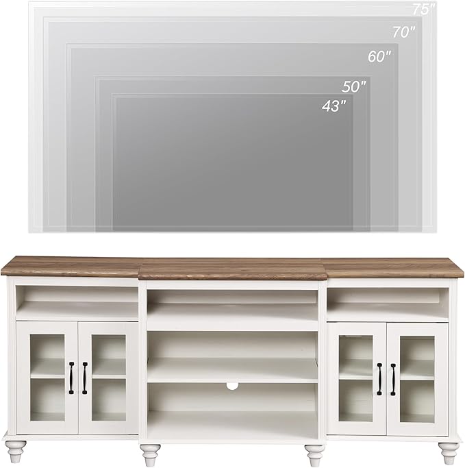 WAMPAT Farmhouse TV Stand with Yellow LED Light, 4-Door Glass Wood Entertainment Center with 9 Storage Cabinets, Media Console Table for Living Room Bedroom，70'', Antique White