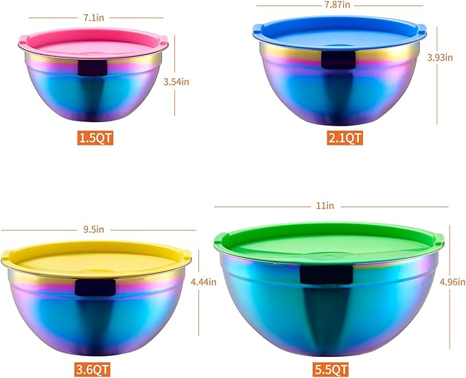 Rainbow Mixing Bowls With Airtight Lids,Stainless Steel Bowl,Salad Bowls 4 Piece Colorful Nesting Bowl Rainbow Kitchen Accessories,Size 5.5,3.6,2.1,1.5 QT Stackable Design