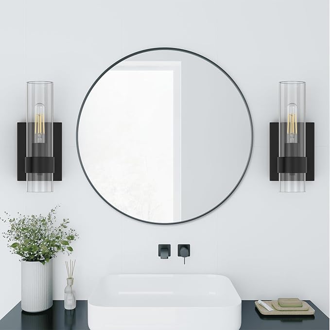 Zevluck Wall Sconces Set of 2, Matte Black Bathroom Vanity Light with Cylinder Clear Glass, Modern Hardwired Vanity Wall Lamps for Bathroom, Bedroom, Living Room, Stairs, Hallway