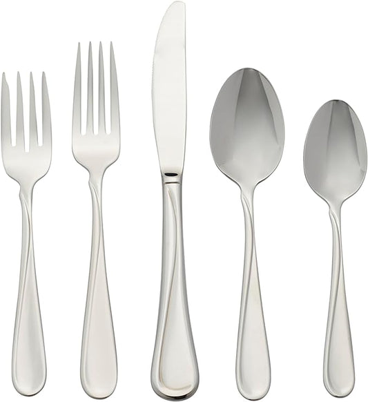 Oneida Silverware Set For 8, Flight 45-Piece Everyday Flatware Set with Serving Utensils, Service For 8, 18/0 Stainless Steel, Dishwasher Safe, Knives Spoons and Forks Set, Dining (Silver, 45 pieces)