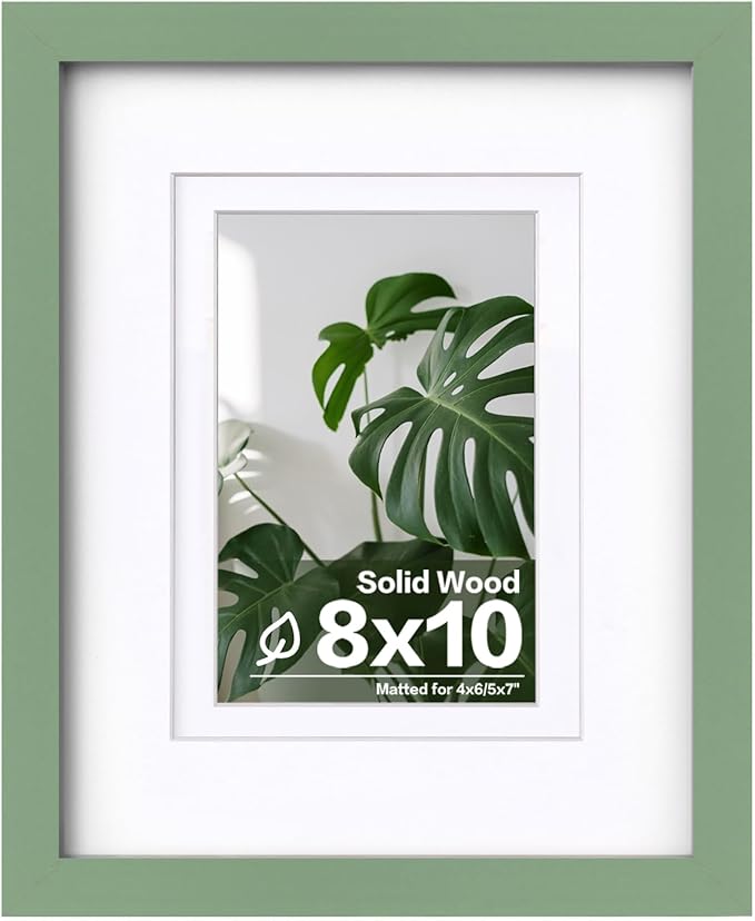 Egofine 8x10 Picture Frame Made of Solid Wood Covered by Plexiglass, Display Pictures 4x6/5x7 with Mat or 8x10 Without Mat for Table Top Display and Wall Mounting Photo Frame, Green