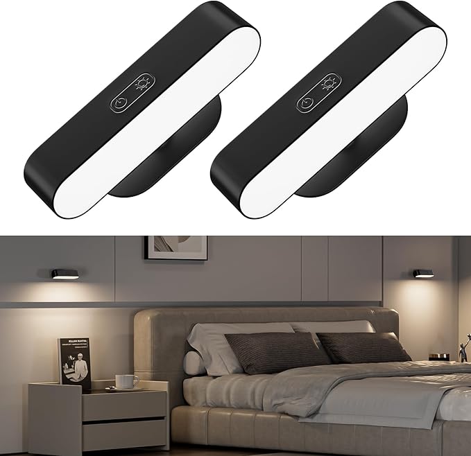 Wall Lights, Wireless Battery Operated Wall Sconces for Bedroom, LED Rechargeable Wall Sconce Set of Two for Living Room, Stick on Wall Mounted Lamp for Reading, 2 Pack