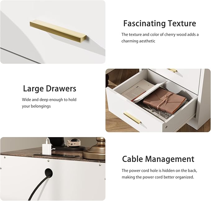 LIDYUK Dresser for Bedroom, Wood Dresser with 3 Drawers, Modern Minimalist Dressers & Chest of Drawers, 21 Inches Tall Side Table Nightstand with Charging Station, for Bedroom, Living Room, White