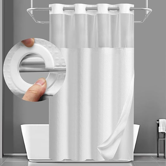 YellyHommy Stall No Hook Shower Curtain with Snap in Fabric Liner Set Less Time White Waffle Shower Curtain for Bathroom 75" L x 60" W