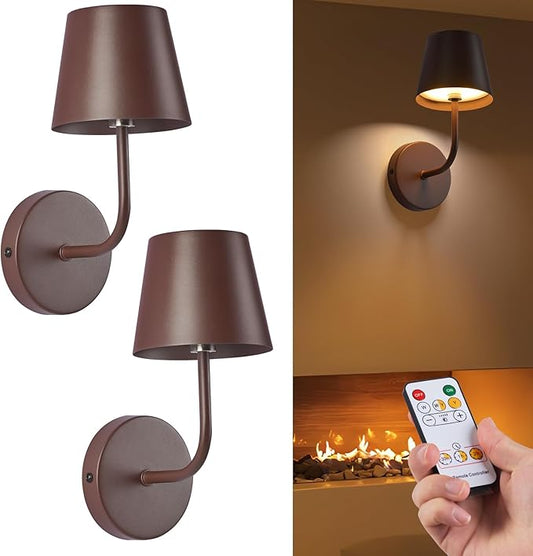 LED Wireless Wall Lamp Set of 2, with 5600mAh Rechargeable Battery Powered Wall Sconces, Touch for Remote Control Infinite Dimming Be Used for Bedroom Mirror Living Room Wall Painting(Brown)