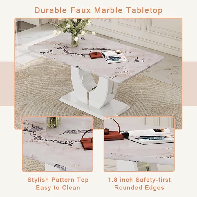 Dining Table Set for 6, Kitchen Table Chairs Set of 6, Modern Dining Room Set 63'' Faux Marble Dinner Table PU Leather Upholstered Chairs for Kitchen