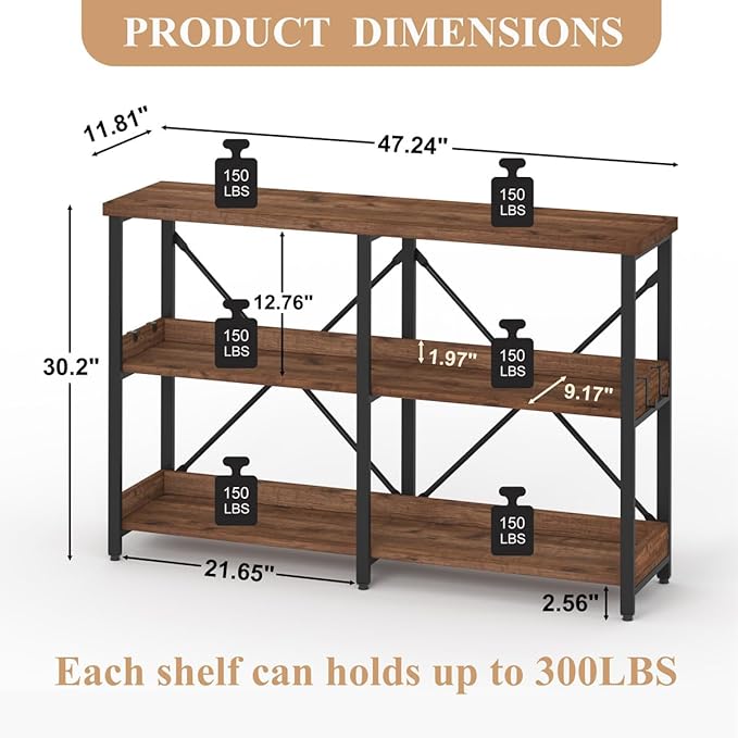 BON AUGURE Rustic Console Table with Shelves, 3 Tier Sofa Table Behind Couch for Living Room, Wood Metal Entryway Tables for Hallway, Foyer, Entrance (47 Inch, Rustic Oak)