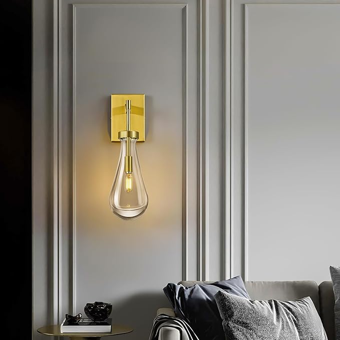 Raindrop Wall Sconces Set of Two Gold Sconces Wall Decor Modern Brass Wall Lighting Glass Bathroom Sconces Indoor Vanity Light Wall Lamp for Bedroom Living Room Stair