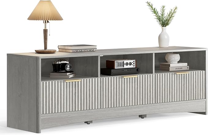 Marsail 59″ Wide TV Stand for TVs Up to 65″, Modern Entertainment Center with Fluted Panels, 3 Easy-Sliding Drawers, Open Shelves & Cable Hole, Sturdy 3-Tier TV Stands for Living Room & Bedroom, Grey