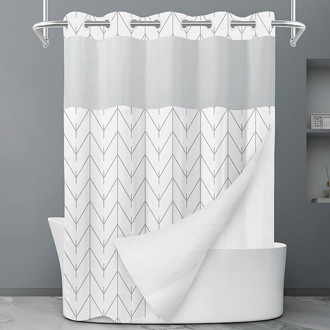No Hook Geometric Striped Shower Curtain with Snap in Liner Set - Hotel Shower Curtain and Liner Set with See Through Mesh Top Window,Machine Washable, 71x74 INCH - Grey & White Herringbone