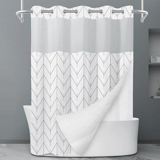 No Hook Geometric Striped Shower Curtain with Snap in Liner Set - Hotel Shower Curtain and Liner Set with See Through Mesh Top Window,Machine Washable, 71x74 INCH - Grey & White Herringbone