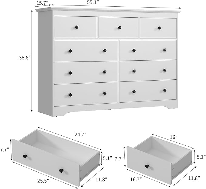 LYNSOM Modern 9 Drawer Dresser, 55.1" Wide Dressers & Chests of Drawers with Large Capacity Storage, Mid Century White Dresser for Bedroom, Hallway, White