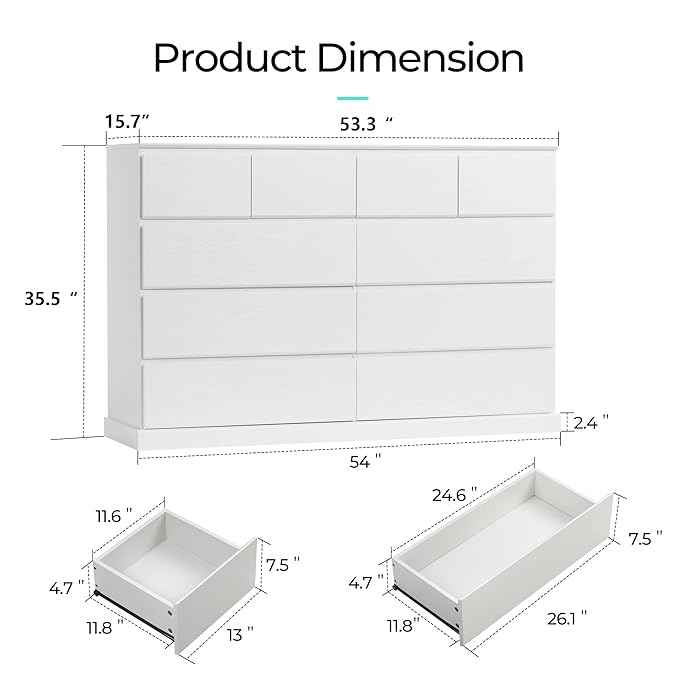 LINSY HOME 10 Drawer Dresser for Bedroom, 53" Wide Chest of Deep Drawers, Modern Farmhouse TV Stand Dressers with Storage, Large Drawer Organizer for Bedroom, Living Room, Handless Design, White