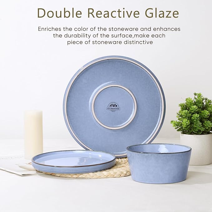 Herogo 24-Piece Stoneware Dinnerware Set for 8, Dinner Plates and Bowls Sets, Double Reactive Glaze Dishware Place Setting for Kitchen, Scratch Resistant, Microwave Safe, Haze Blue