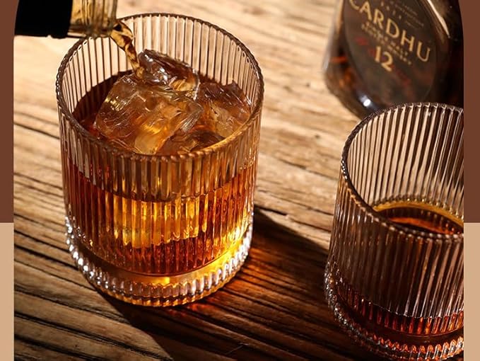Ribbed Whiskey Glasses Set of 2, 12 Oz Lead-Free Crystal Heavy Base Barware Glass, Perfect for Bourbon Rocks Cocktail Scotch Drinking