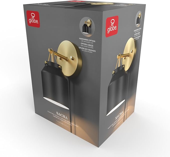 GLOBE Electric 65000102 1-Light Plug-in or Hardwire Wall Sconce, Matte Black, Matte Brass Accents, 6ft Black Braided Fabric Cord, in-Line Rocker Switch, Wall Lights for Living Room