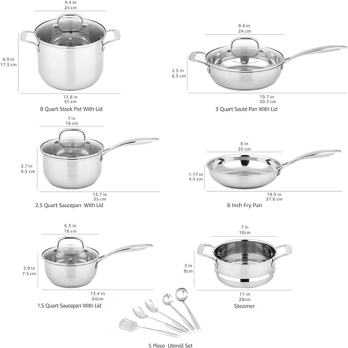 Amazon Basics Stainless Steel Cookware 15-Piece Set, Oven Safe, Pots and Pans, Induction-Ready, Even Heating, Easy to Clean, Heavy Duty, Silver