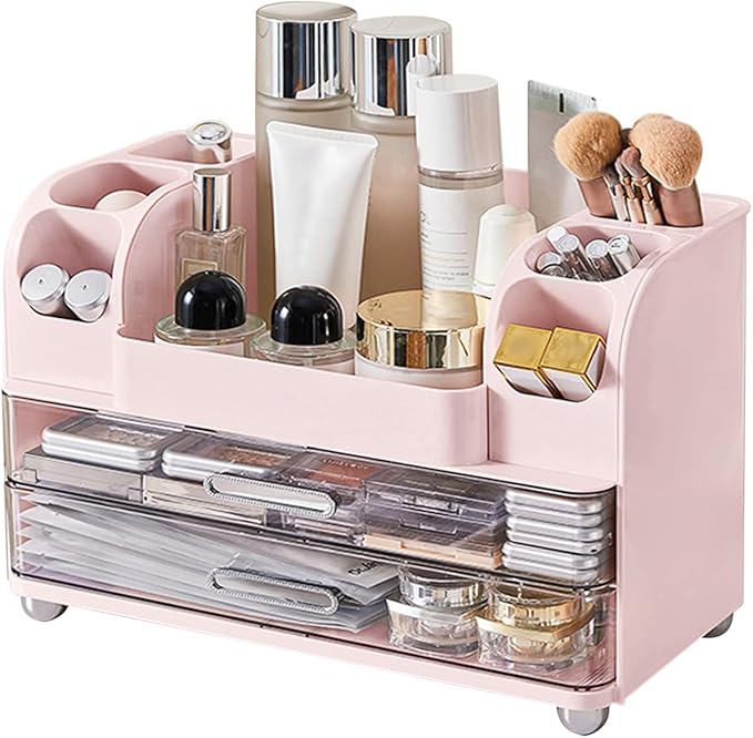 DASITON Large Capacity Makeup Organizer for Vanity with 2 Drawers, Skincare Organizers with Makeup Brush Holder, Cosmetic Display Case for Dresser Vanity Bathroom Countertop (Pink)
