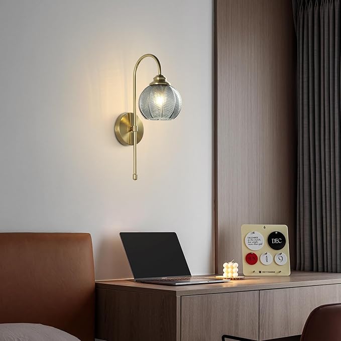 KCO Lighting Gold Wall Light Smoke Glass Globe Sconce Antique Brass Long Arm Sconce Minimalist Vintage Fireplace Wall Sconces Mid Century Modern Bedside