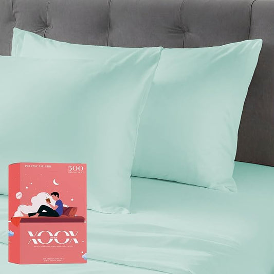 XOOX Linen 100% Cotton Pillowcases Standard/Queen Size Set of 2-500 Thread Count Cotton Pillowcases, Soft Cooling Pillow Cases for Sleeping - Pillow Covers for Standard/Queen Pillows - Sea Foam
