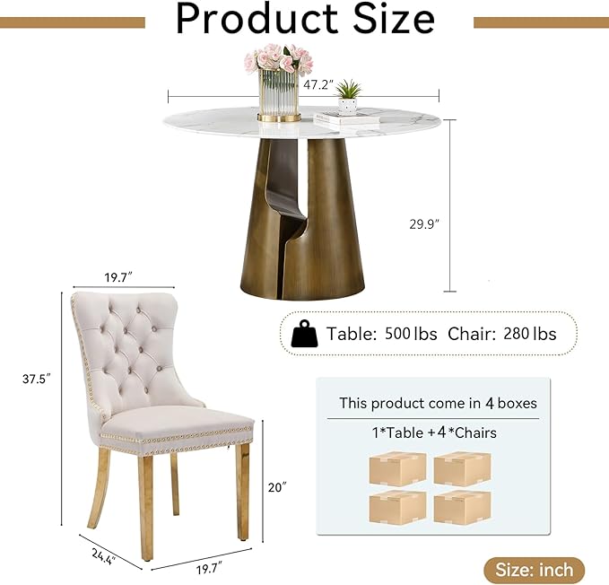 5-Piece Faux Marble Round Dining Table Set for 4, Modern Luxury Kitchen Table Set for 4 with Beige Tufted Chairs,Circle Dining Tables with White Marble Grain Top and Bronze Pedestal Base