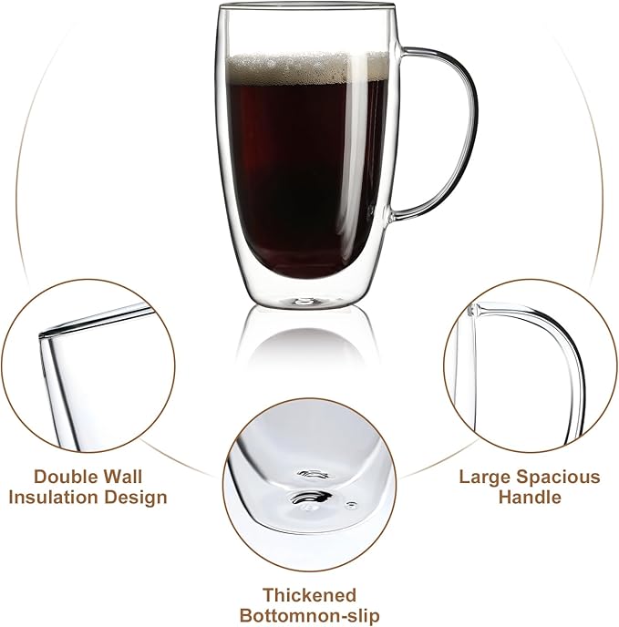 Aurzen 2 Pack Double Walled Glass Coffee Mugs with Handles, Large Insulated Layer Coffee Cups, 15oz Clear Borosilicate Mugs, Perfect for Cappuccino, Tea, Microwave Safe