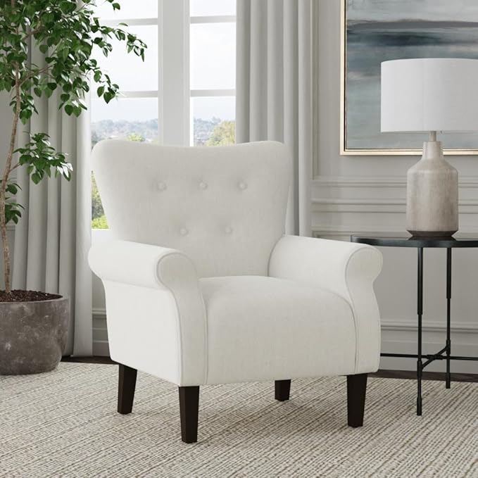 HomePop Home Decor | Upholstered Rolled Arm Accent Chair | Accent Chairs for Living Room & Bedroom | Decorative Home Furniture - Cream Solid Woven