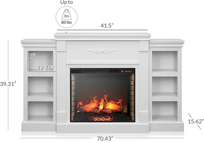 BELLEZE Modern 70" Electric Fireplace Heater Mantel TV Stand & Media Entertainment Center for TVs up to 68" with Energy-Efficient Heater with Sound and Side Book Shelves - Lenore (White)