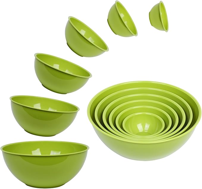 BoxedHome BPA Free Plastic Round Mixing Bowl with Lids, 12 Pack Nesting Bowls with Lids Set, Microwave and Dishwasher Safe Prep & Serving Bowls Great for Mixing, Baking, Serving (Light Green, 12pcs)