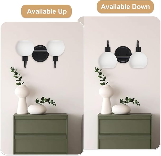 2-Light Black Bathroom Light Fixture, Milk White Globe Wall Sconce Lamp for Hallway Bedroom Foyer Cabinets, Modern Vanity Lights E26 Socket