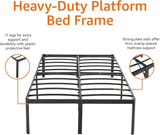 Amazon Basics Sturdy Heavy-Duty Non-Slip Platform Bed Frame Full Size Storage, Steel Slat Support, Noise Free, Easy Assembly, 18 Inch Black
