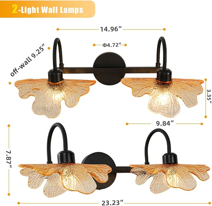2 Light Bathroom Vanity Light Black Wall Sconce with Amber Flower Glass Shade mid Century Wall Light Vintage Wall Sconce Matte Black Vanity Light Over Mirror for Bedroom Hallway Living Room