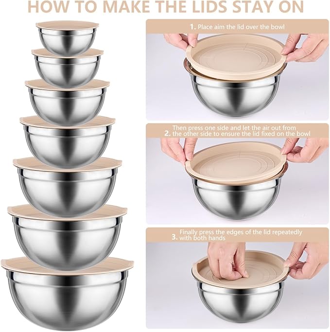 Mixing Bowls with Lids set - 25 PCS Stainless Steel Nesting Khaki Mixing Bowls Set for Baking,Mixing,Serving & Prepping,Size 5, 3.7, 2.8, 2.3, 1.7, 1.1, 0.7QT, 11 Cooking Utensils