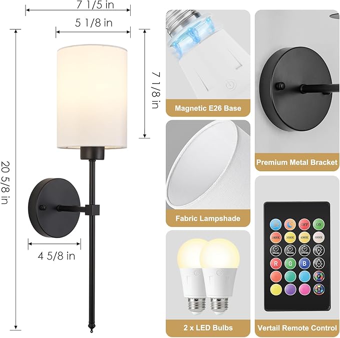 Battery Operated Wall Sconces Set of Two,Wireless Rechargeable Wall Light With Remote Control, Dimmable, Amber Light/Warm White/Natural White/Daylight/RGB, Timer,for Living Room,Bedroom,Entryway,Black