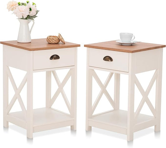 ALPHA HOME Side Table with Drawer, Farmhouse End Table Set of 2, Bedside Table Storage Shelf for Small Spaces, Nightstands Set for Living Room, Bed Room(Ivory)